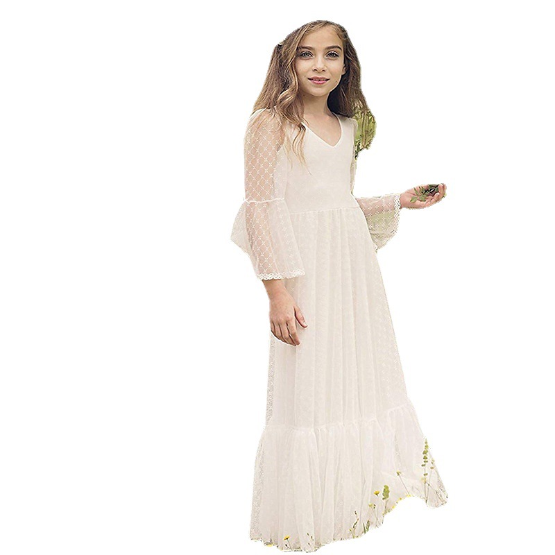 New European and American Cross-border Children's Wedding Dress Girls' Lace Long Sleeve Birthday Performance Simple Princess Long Dress