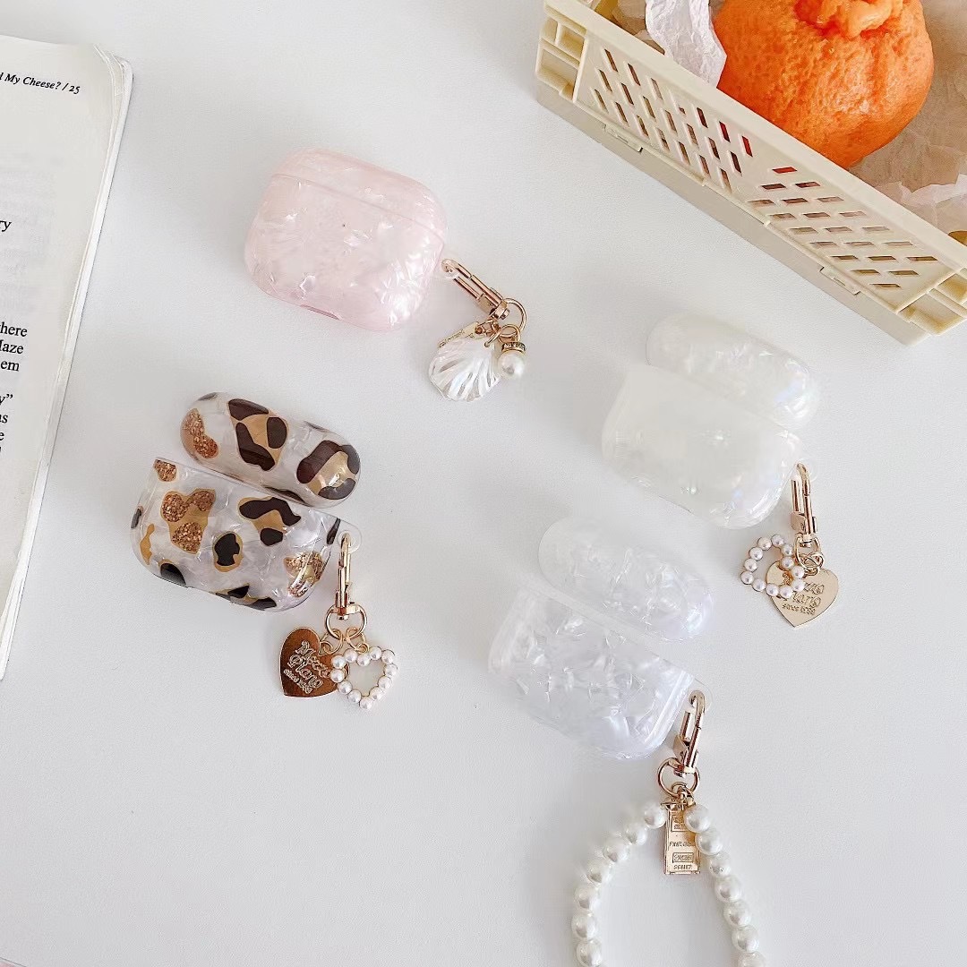 Apple AirPods 3 Protective Case, AirPod Pro Leopard Shell Pattern Bluetooth Earphone Pearl Hook Decor