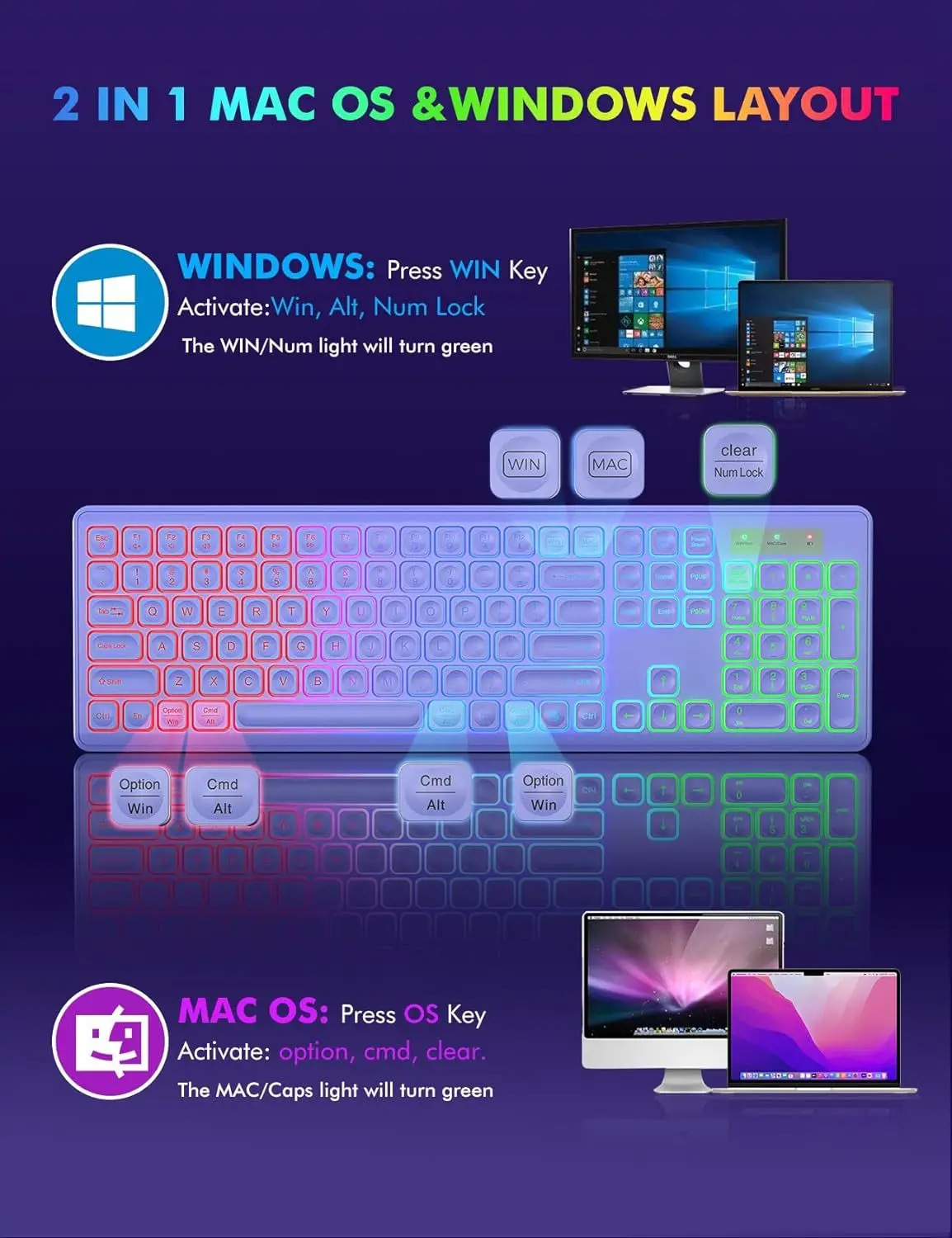 Backlit 2.4G Wireless Keyboard Mouse Combo Rechargeable RGB Full Size Ergonomic Tilt Angle Keyboard