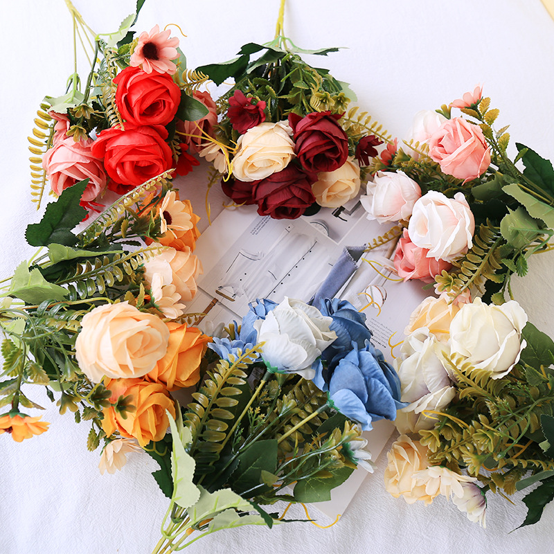 European Style 5 Head Curled Rose Bouquet Wedding Decoration Living Room Home Photography Artificial Flower Fake Simulation Rose Fake Flower