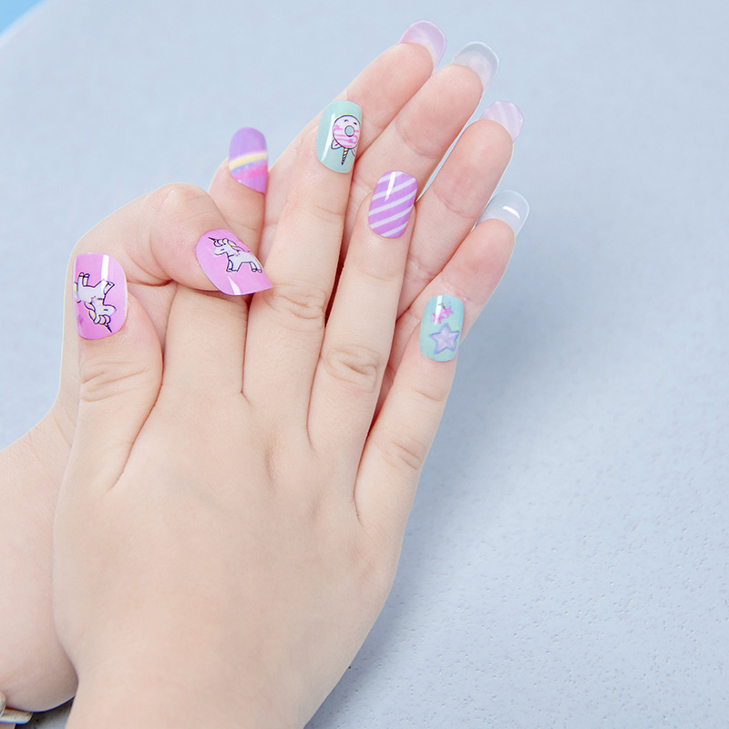 New 20 pieces boxed children's wear nail finished nail patch cartoon unicorn fake nail with adhesive nail piece