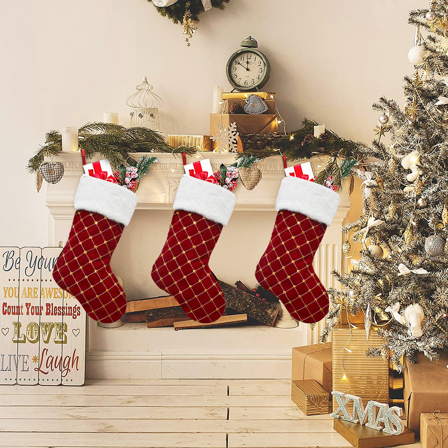2023 New Prellis Christmas Stocking Golden Sequins Candy Bag Christmas Tree Hanging Stocking Holiday Gift Bag