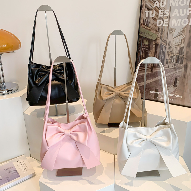 New Fashion Japanese Style Beautiful Fashionable Western Style Simple Portable Underarm Bag Large Capacity Bow Tote Bag for Women