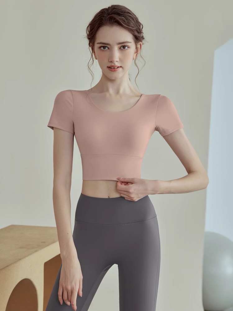Fitness Short-sleeved Yoga Suit Top High-end Sports Underwear Women's Shockproof Short-sleeved Quick-drying Tight Clothes with Chest Pad for Women