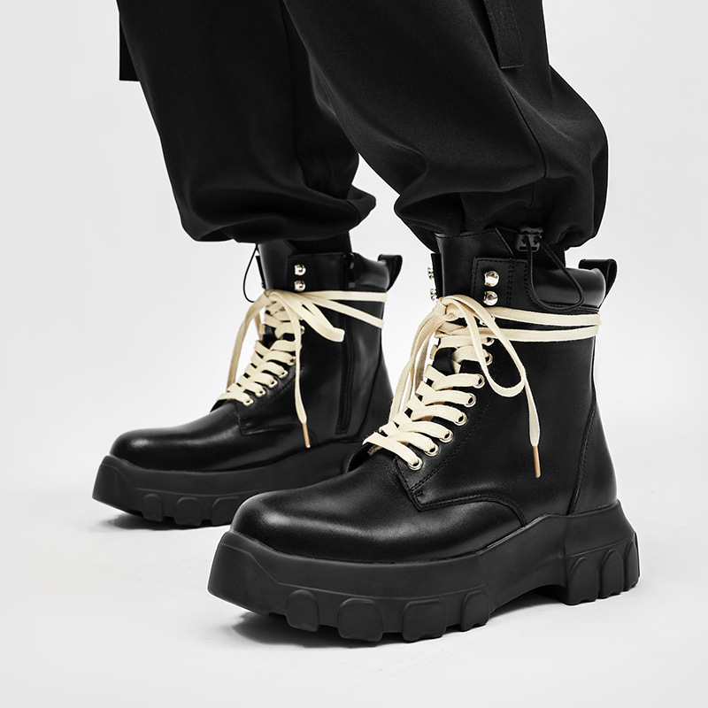 ins British Style Genuine Leather Platform Men's Martin Boots Men's Height Increasing Tooling Boots Leather Zipper Motorcycle High Top Shoes
