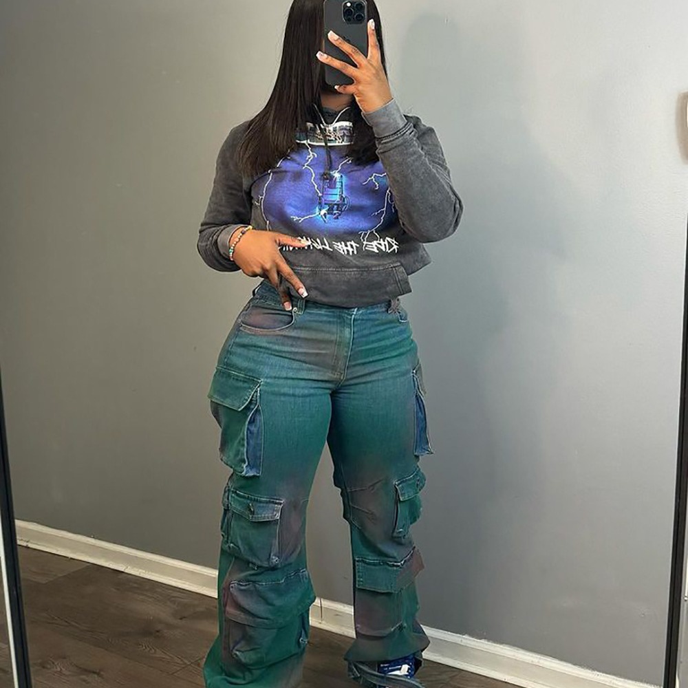 European and American cross-border women's clothing Amazon popular fashion personality trend multi-pocket tie-dyed jeans high waist straight pants