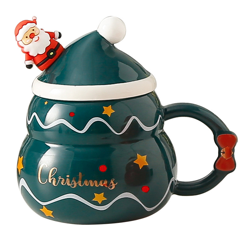 Creative Christmas Gift Ceramic Cup with Lid and Spoon Large Capacity Snowman Mug Santa Claus Water Cup Cross Border