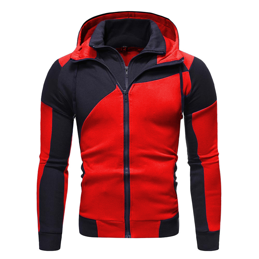 2020 New Amazon Men's Personalized Color Matching Double Layer Zipper Hooded Cardigan Slim-Fit Sweatshirt