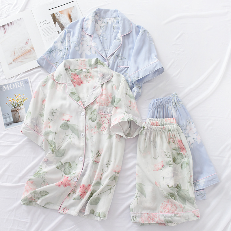 Korean-style Cotton Silk Pajamas Women's Summer Short-sleeved Shorts Cotton Silk Home Clothes Artificial Cotton Suit Two-piece Thin Sweet Thin