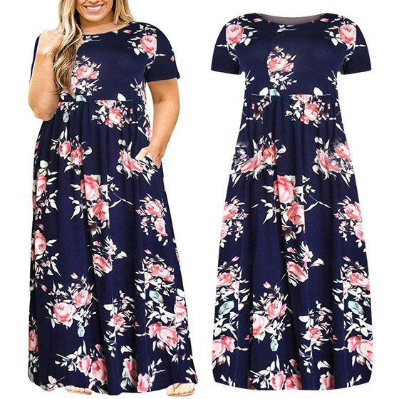 2024 summer European and American plus size women's wish Amazon short sleeve round neck solid color plus size dress printed dress
