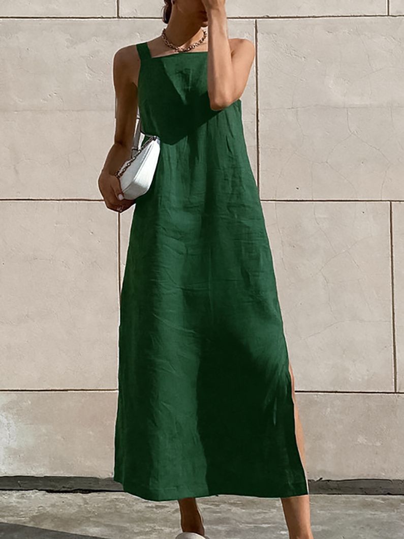 2024 New French Style Long Dress Cotton Linen Sleeveless dress Women's Summer Sexy Green Split Straight Slip Skirt