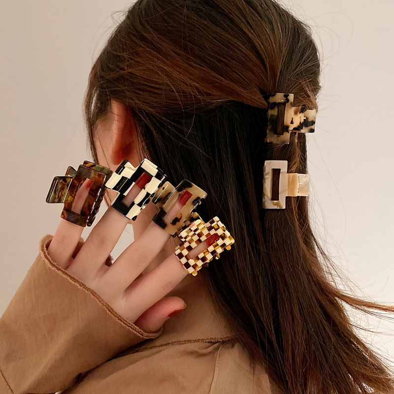 Leopard Print Checkerboard Acetic Acid Square Hair Clip Women's South Korea Japanese Style Elegant Elegant Half Head Hair Clip