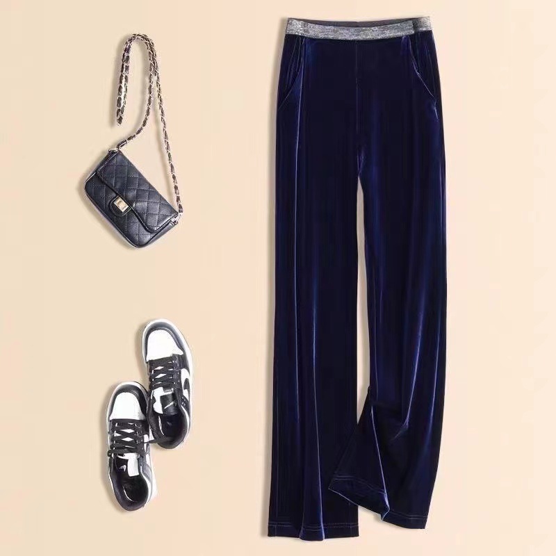 Gold velvet wide-leg pants women's casual pants spring and autumn high waist draping slimming middle-aged women's pants narrow straight pants