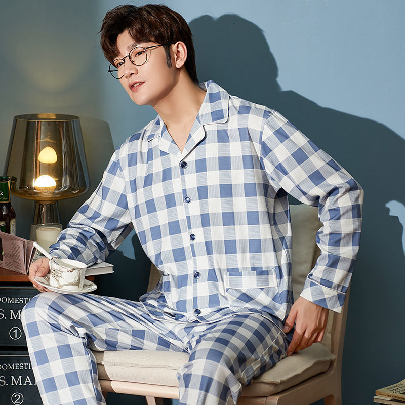 Men's Cotton Pajamas Spring and Autumn Long Sleeve Cardigan New Spring and Autumn Youth Men's Simple Home Clothes suit