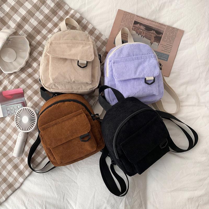 Korean Style Casual All-match Simple Vintage Corduroy Solid Color Japanese Style Women's Backpack Student Schoolbag Women's Trendy Backpack