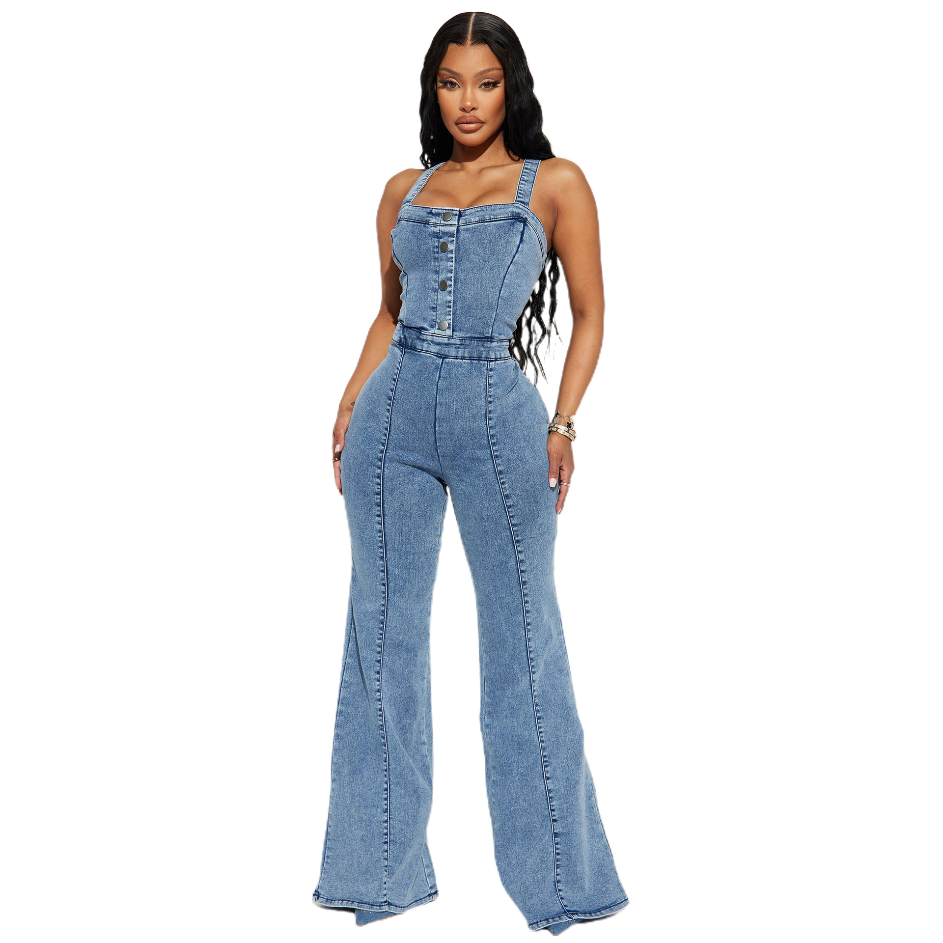 354 women's fashion casual sexy strap Denim jumpsuit wide leg pants flared pants