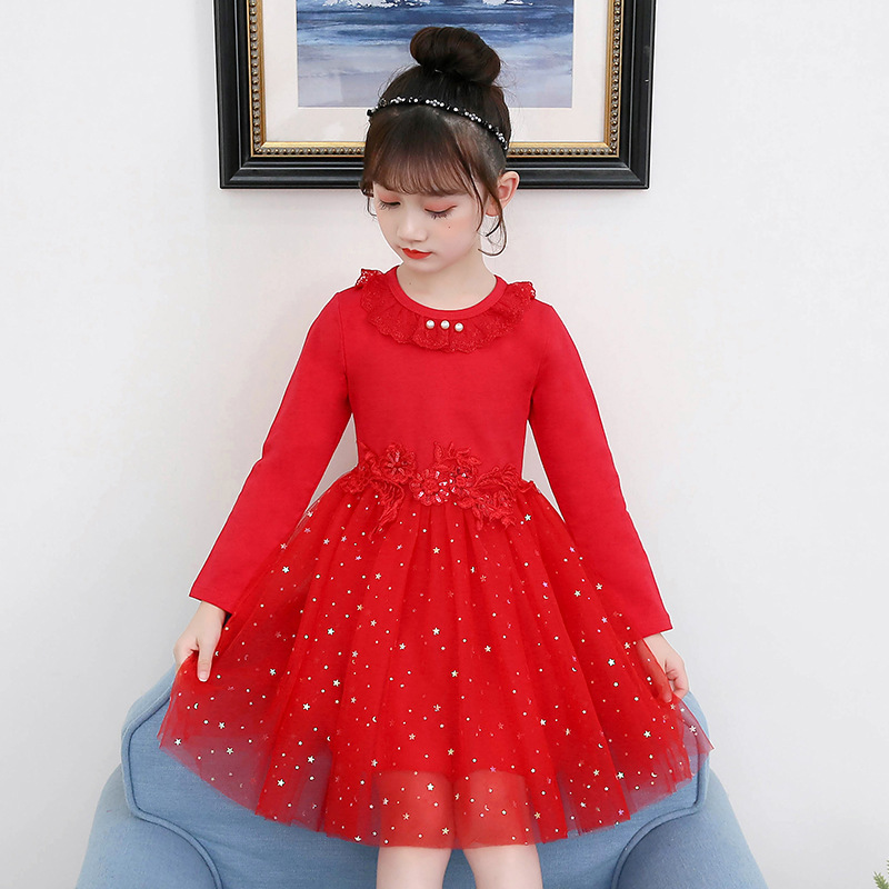 Children's New Girls' Dress Spring 2023 Girl's Western Style Lace Pearl Princess Dress Sweet Sequin Mesh Dress