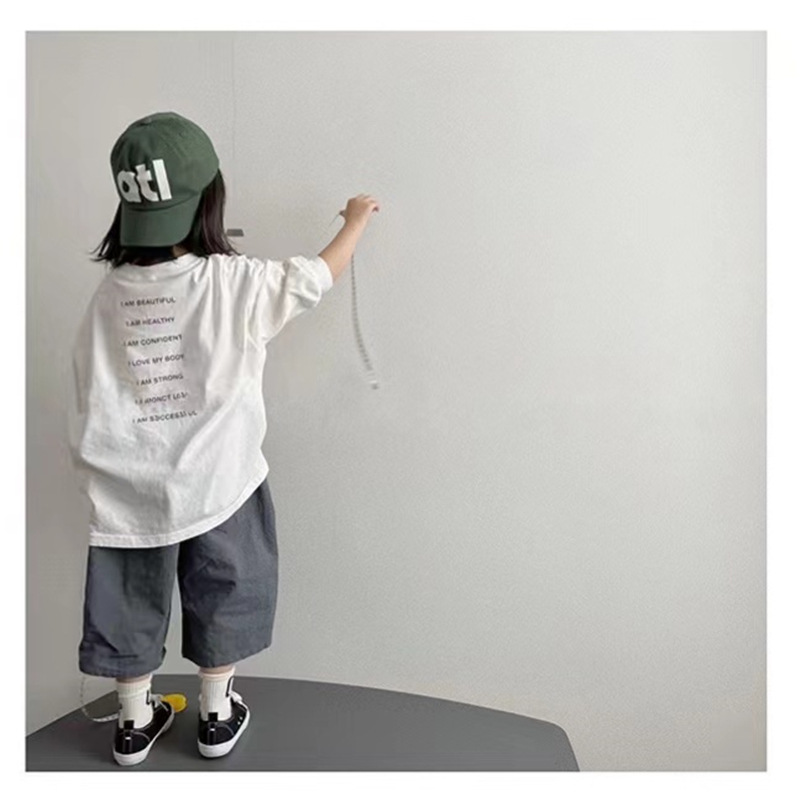 GL-kids Korean style spring new children's back small letter bottoming shirt boys and girls cotton and linen comfortable breathable T-shirt
