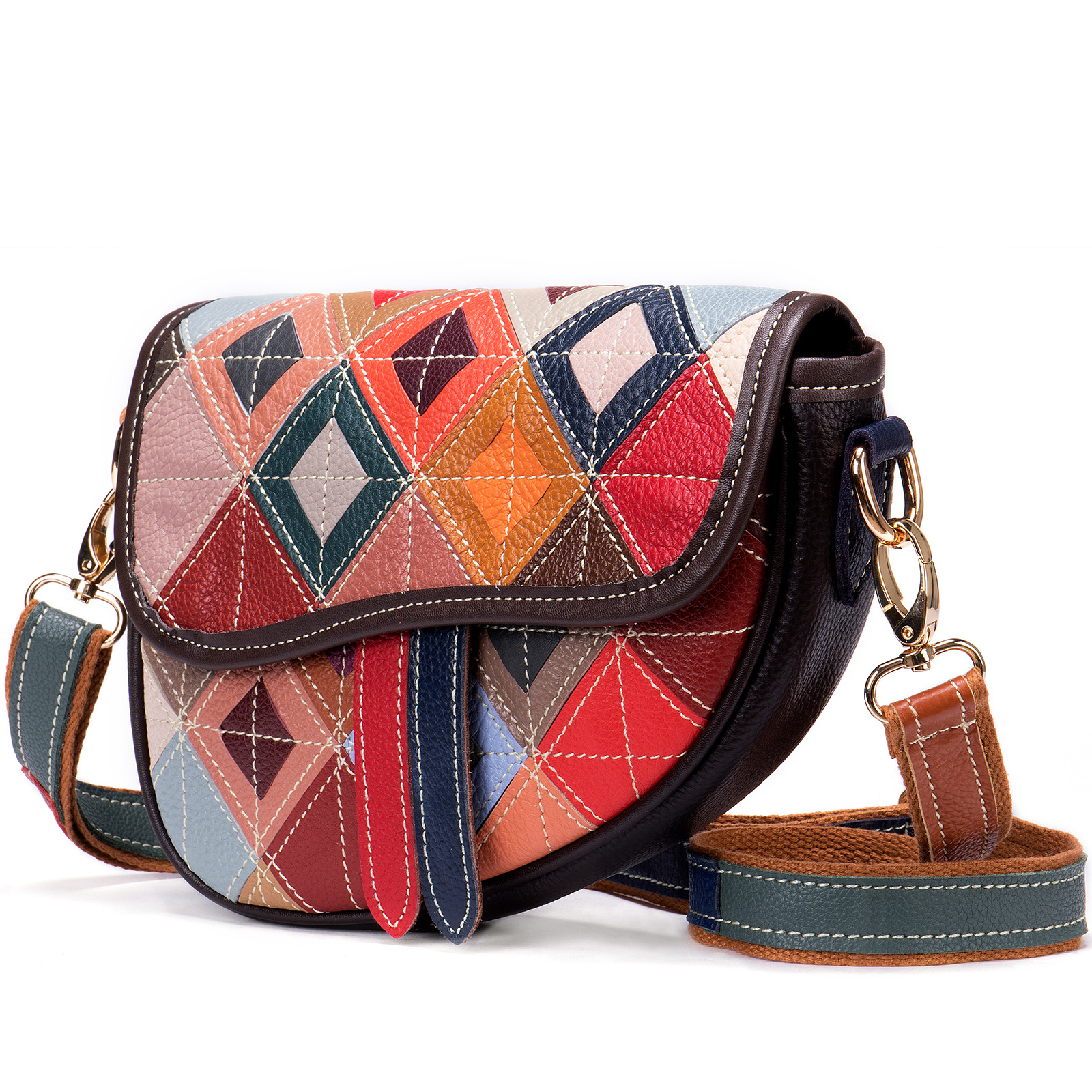 WESTAL new style bag women's colorful rhombic bag genuine leather stitching ethnic style single shoulder messenger bag cowhide saddle bag