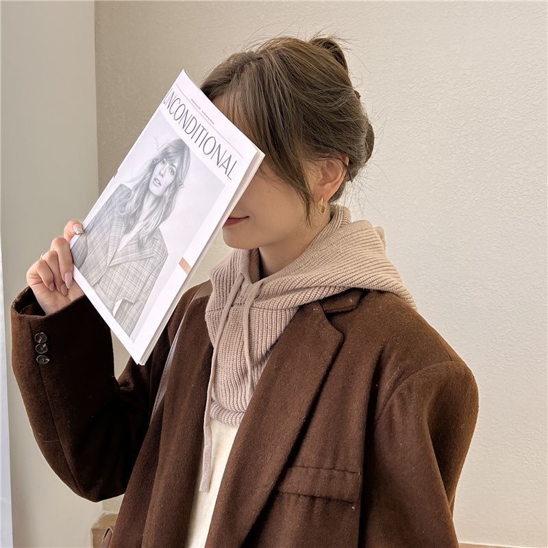 Hooded Scarf Knitted Hat Scarf Integrated Korean Style Autumn and Winter Hat Knitted Cold Hat Women's Warm Ear Protection Woolen Hat Pullover