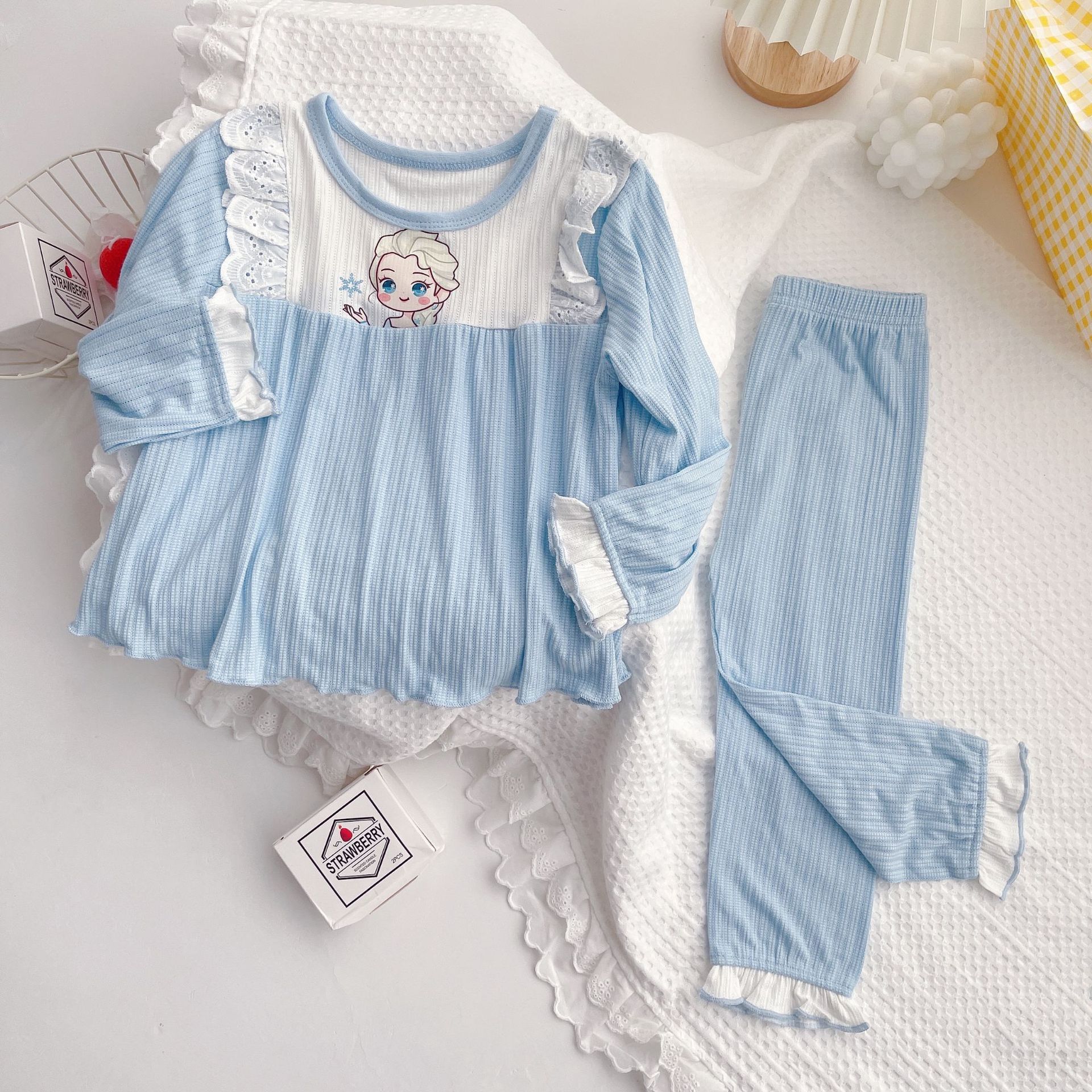 2022 Girls Spring Long Sleeve Pajamas Cute Home Clothes Four Seasons Air-conditioning Suit Soft Stretch Jacquard Class a Lace