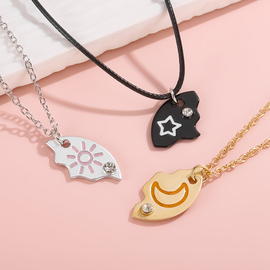Alloy Cartoon Cross-border New Splicing Star Moon Sun Three-piece Color Necklace Round Diamond Pendant