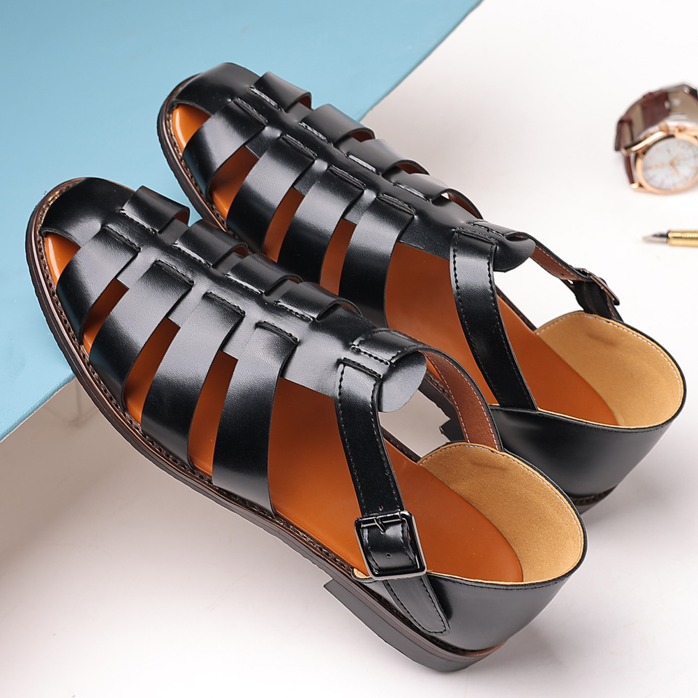 2023 New Fashion Casual Sandals Breathable Fish Toe Roman Shoes British Belt Buckle Large Size Men's Shoes Foreign Trade Shoes
