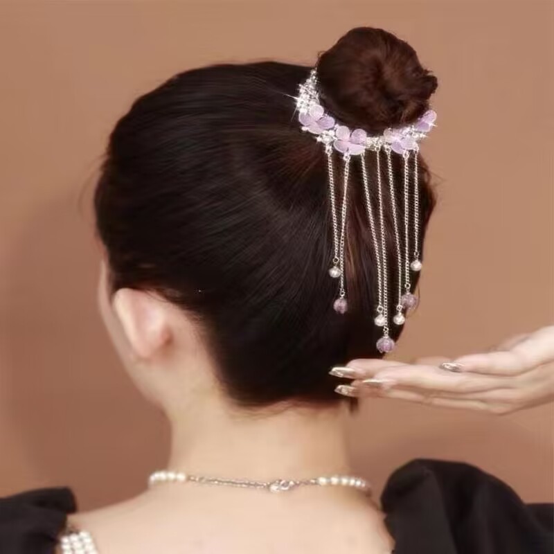 早春の新型の軽い豪華な紫晶の花のフリンジヘアクリップの後頭部の団子の頭は馬の尾を巻いて髪飾りの卸売りを掛けます。|undefined