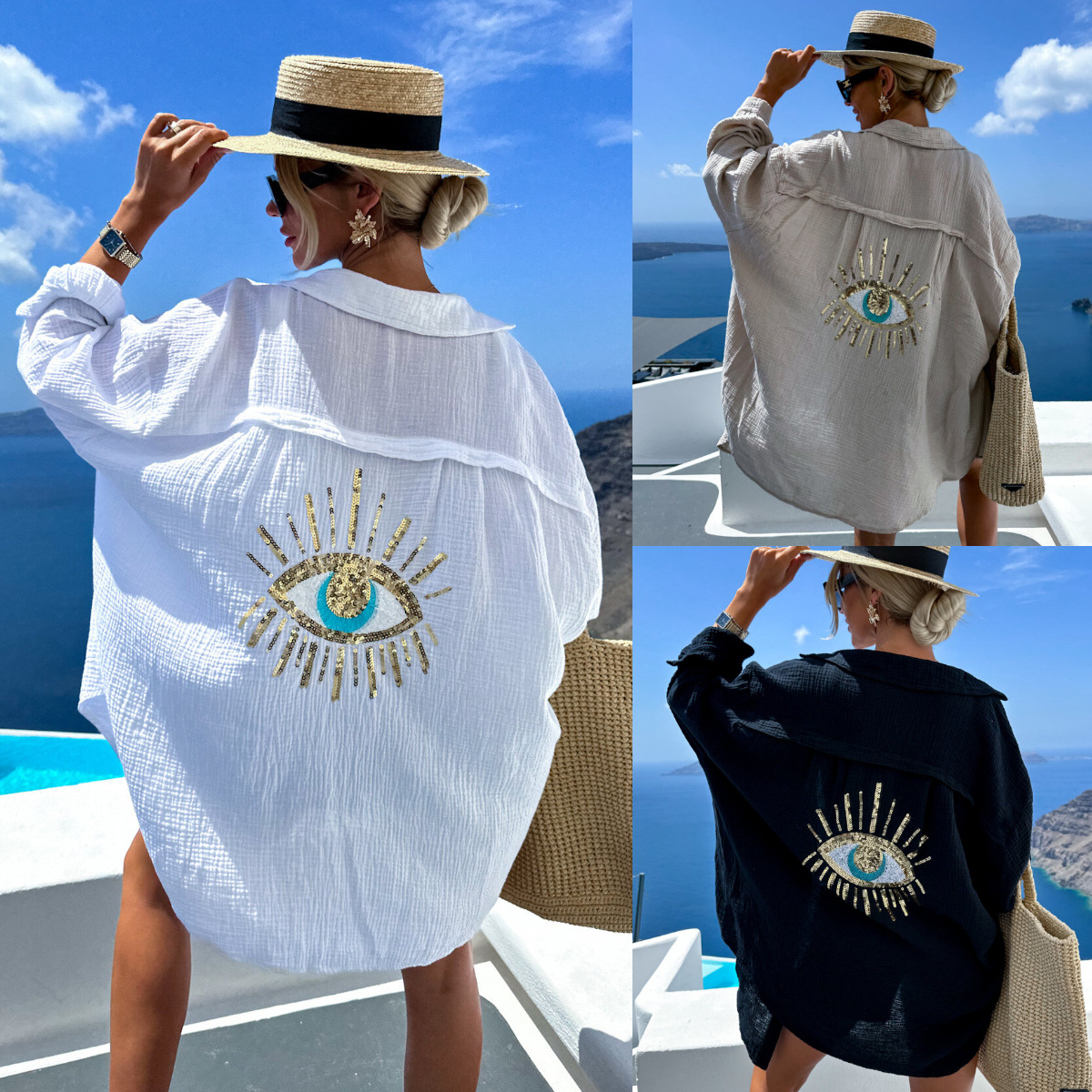 Cross-border 2024 Spring and Summer Amazon European and American Women's Casual V-neck Pocket Stitching Sequin Loose Long-sleeved Blouse