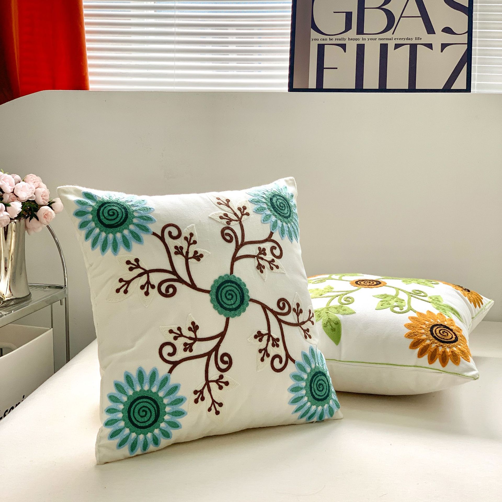 Cross-border Green Botanical Garden Flower Tulip Sofa Pillow Homestay Decorative Embroidery Living Room Pillow Case