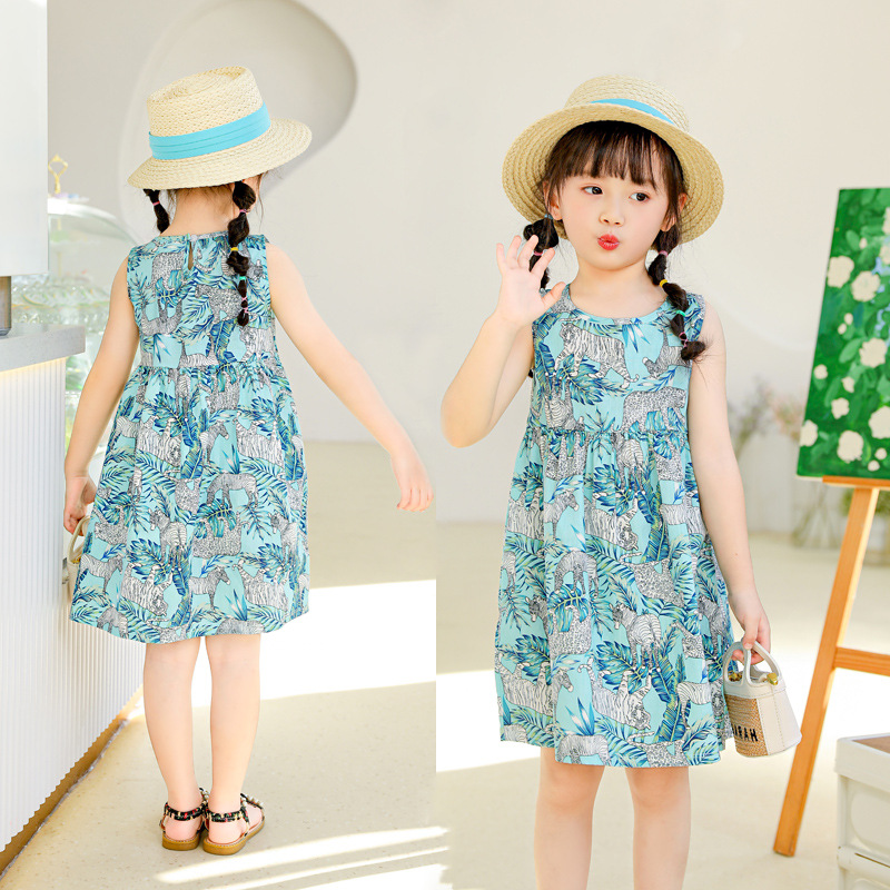 2022 Cotton A- line Dress Girls' Dress Spring and Summer Small and Medium-sized Children's Sleeveless Children's Wear Cartoon Printed Princess Dress