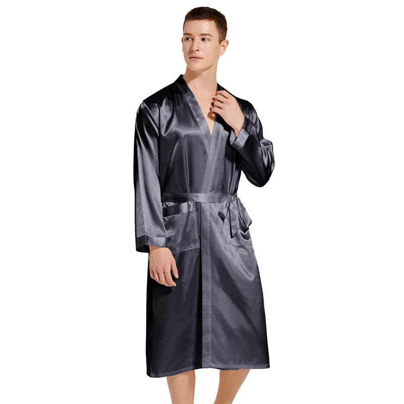 Cross-border High-end Spring and Summer Thin Silk-like European and American Style Household Nightgown plus size Loose Men's Long Bathrobe