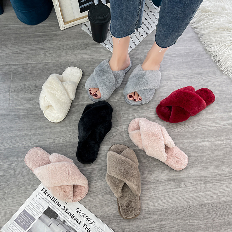 Amazon Large Size Fluffy Slippers Home Cross Open Toe Outwear Fluffy Slippers Women's Flat Cotton Slippers Warm Women's Shoes