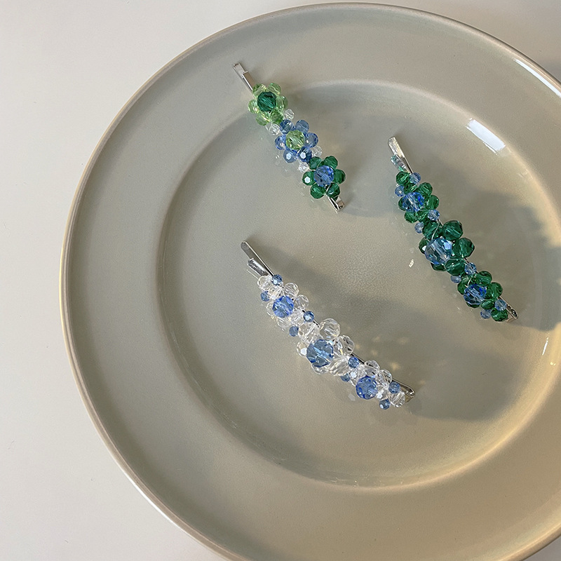 Korean ins Handmade Woven Crystal Flower Beaded Hairpin High-grade One-character Clip Niche Side Clip Hair Accessories 340