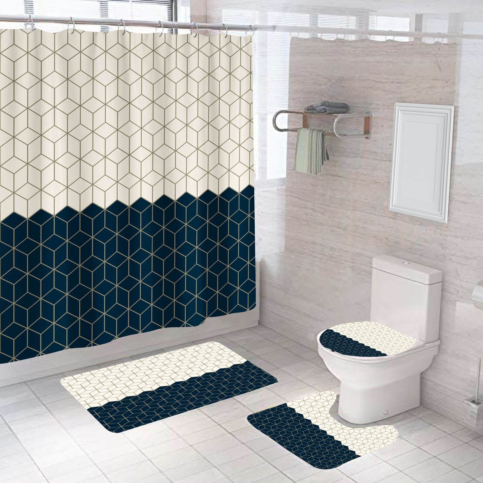 Geometric shower curtain bathroom curtain bathroom curtain 3D digital printing non-perforated factory direct supply