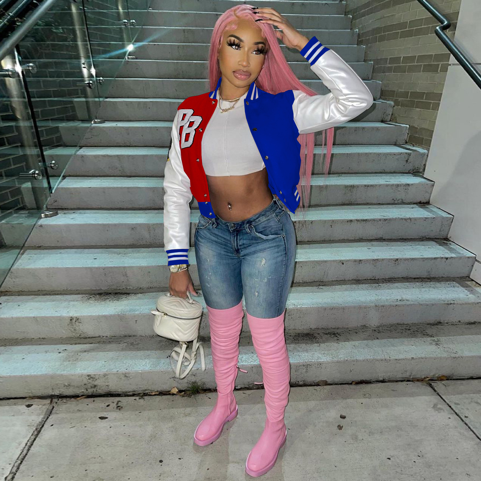 10080 European and American Women's Fashion Casual Women's Color Block Jacket Baseball Jacket Coat