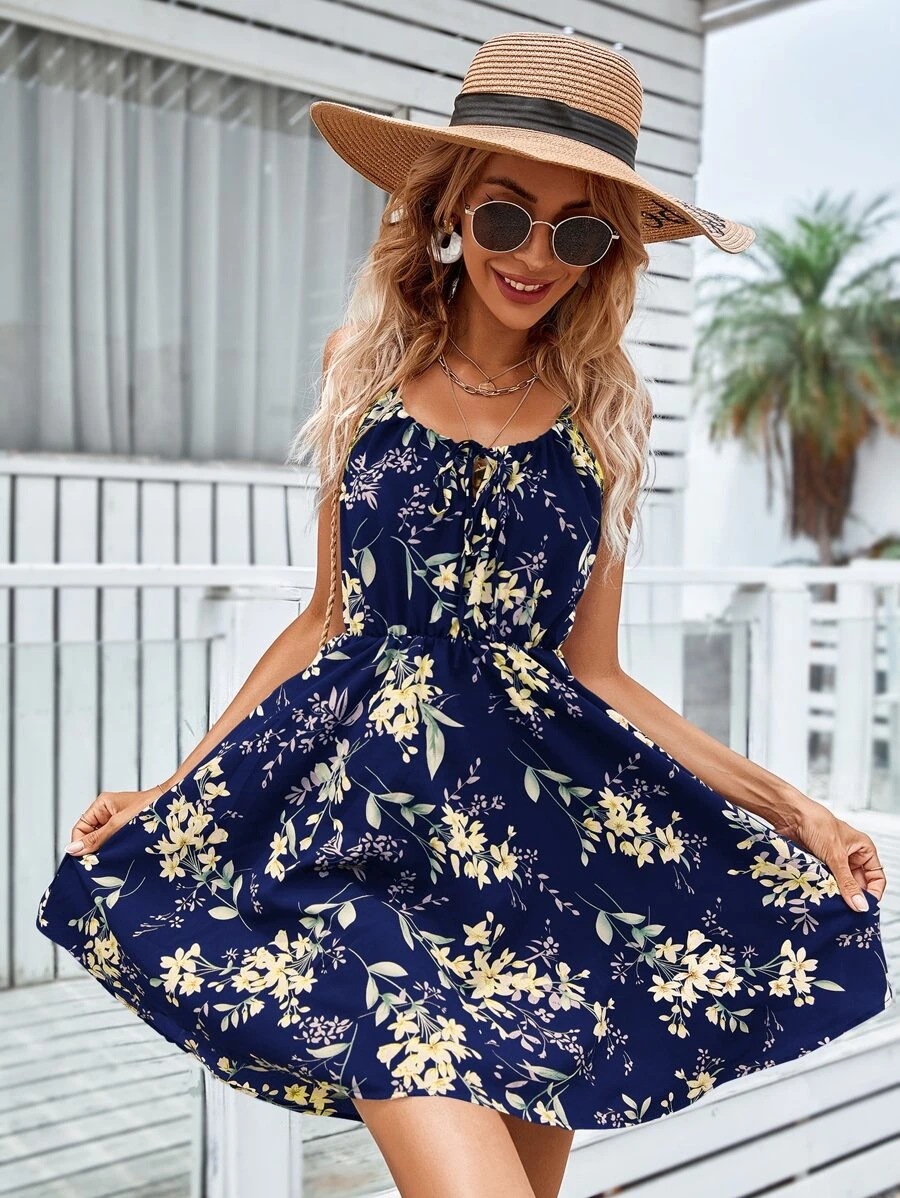 2025 European and American Amazon Summer New Elegant Sleeveless dress Pullover Printed Spring Waist Strap Skirt for Women