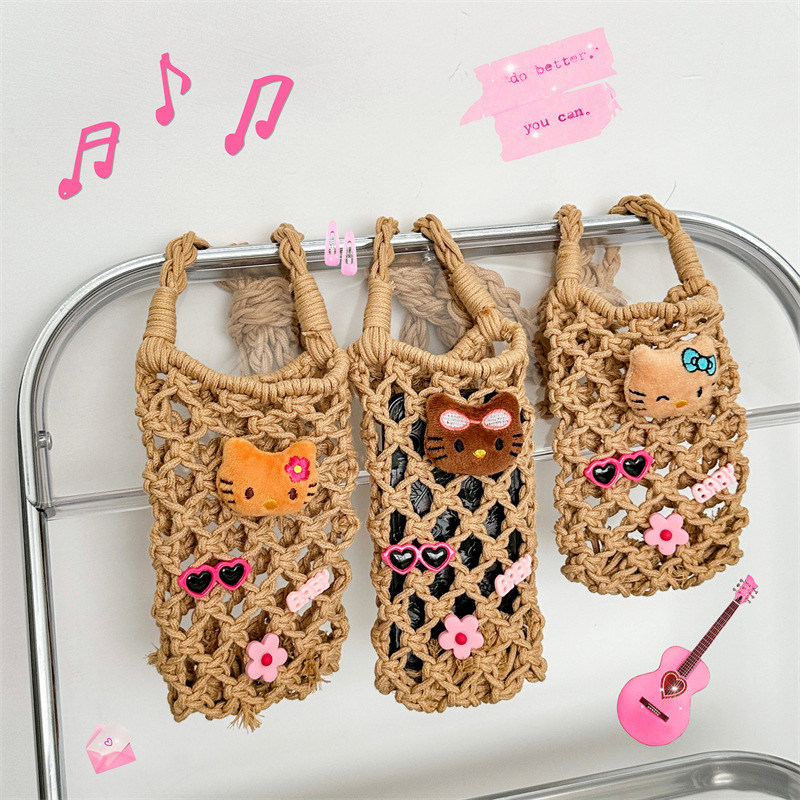New Original homemade Hawaiian black leather Hello Kitty hand-woven mobile phone bag summer vacation walking messenger bag