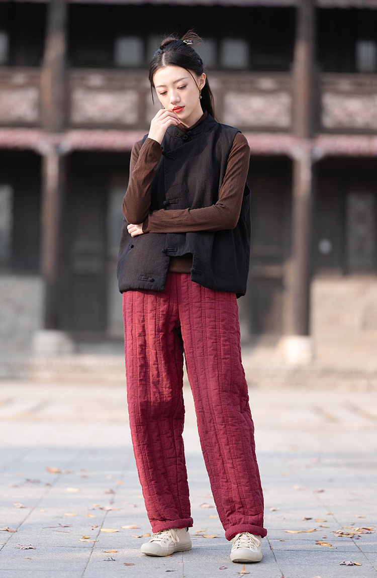 23 cotton and linen women's clothing New National style vintage buckle cotton vest top women's sand wash linen quilted warm vest_voghion.com