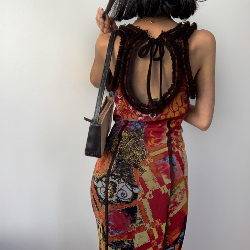 ins European and American Women's 2023 Summer New Fashion Vintage Tie-Dye Printed Sexy U-Neck Slim-Fit Dress Long Dress