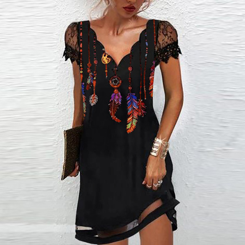 2022 Europe and the United States foreign trade cross-border women's clothing Amazon positioning printing wave V-neck lace stitching short sleeve dress