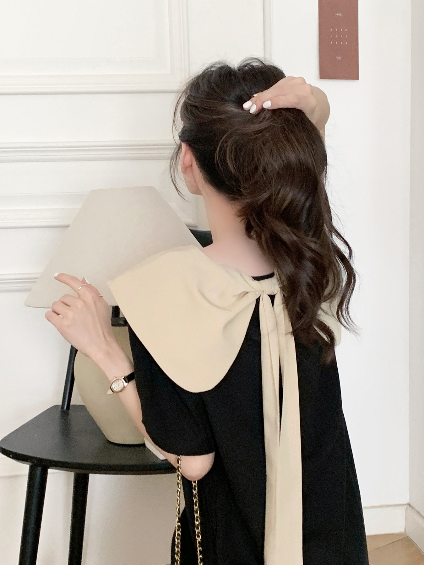 Black Doll Collar Dress Women's Summer 2023 New French Style Retro Gentle Wind Back Bow Loose Skirt