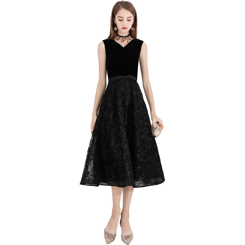 Black Evening Dress Women's 2023 New Doggy Elegant Banquet Slimming Mid-length Celebrity Annual Meeting Dress