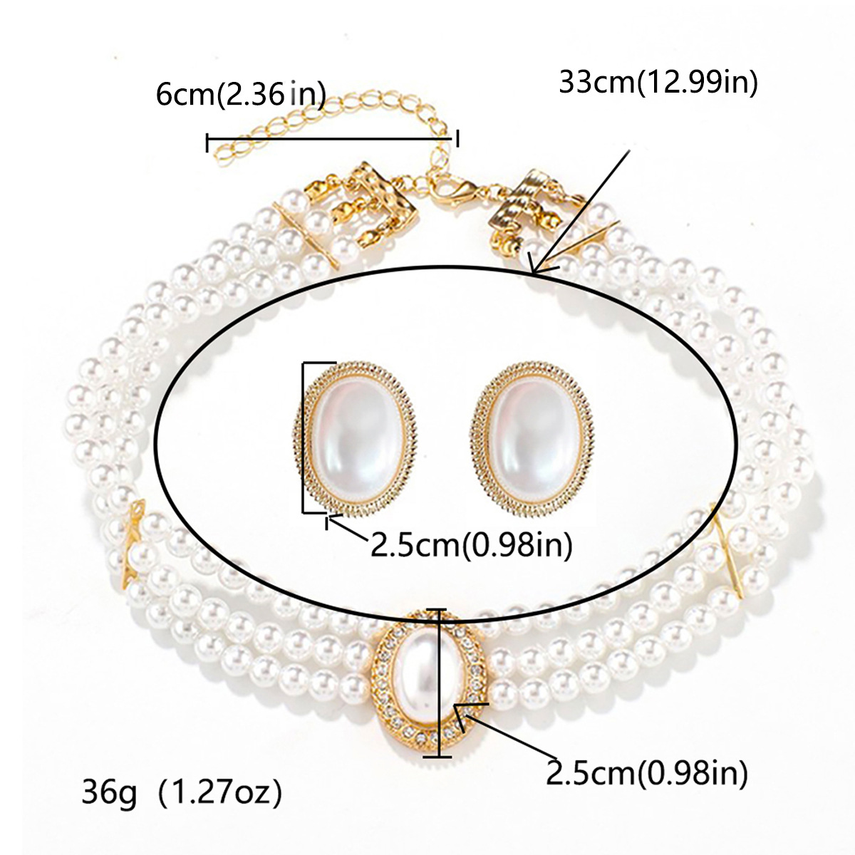 New Entry Light Luxury Vintage Oval Flash Diamond Bridal Pearl Necklace Women's French Style Dress Wedding Dress Performance Chain Earrings
