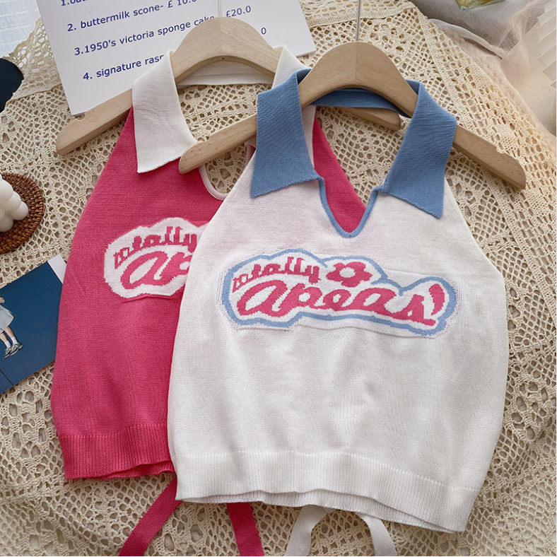 Knitted Halter Vest Women's 2024 Summer New Design Letter Embroidery Slim-fitting Short Outerwear Halter