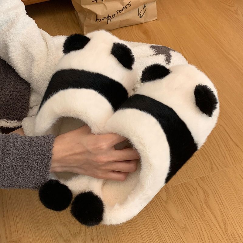 Winter panda cotton slippers women's plush warm heel slippers home wear thick bottom non-slip autumn and winter cotton shoes men