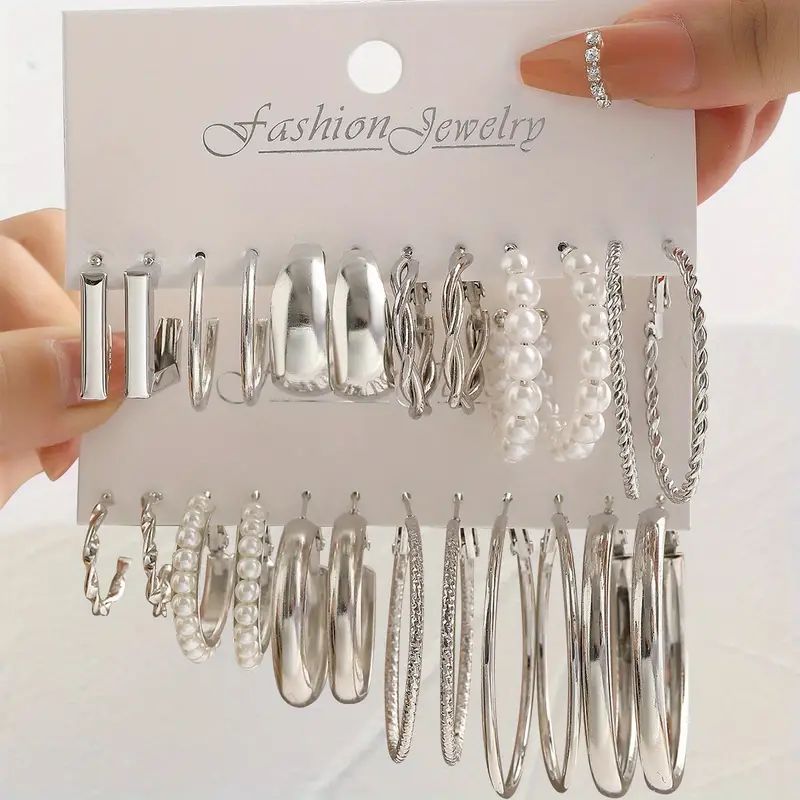 12pairs White Faux Pearl Circle Hoop Earrings 耳環套裝 耳環