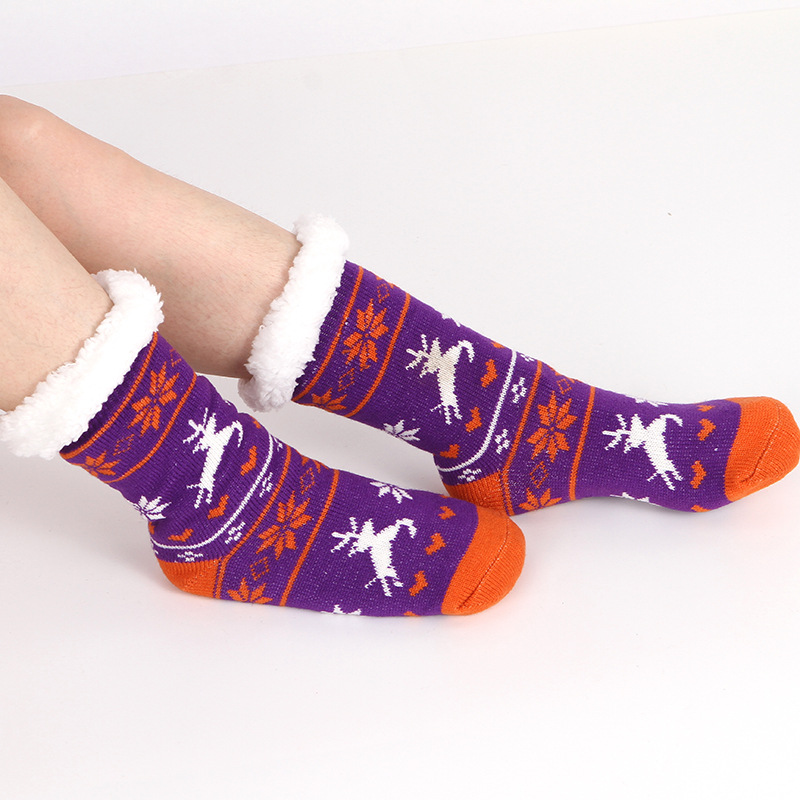 Floor socks jacquard Christmas fleece-lined non-slip snow bar socks cross-border hot sale thickened lambswool indoor long knitted socks
