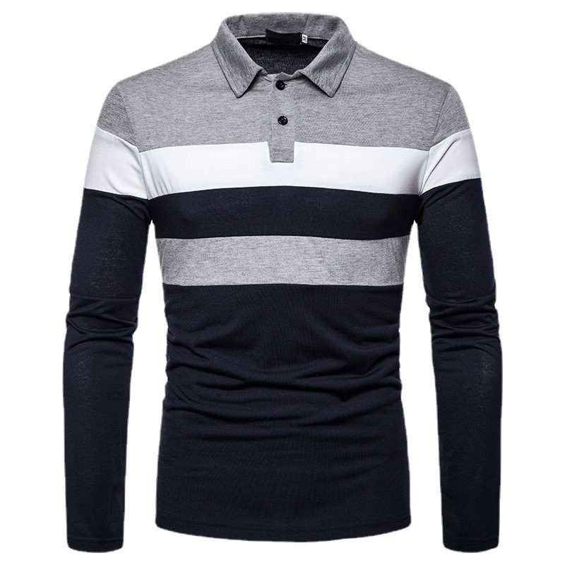 Autumn 2023 New Three Color Stitching Fashion Design Casual T-shirt Lapel Long Sleeve Polo Shirt Men's Long Sleeve T-shirt