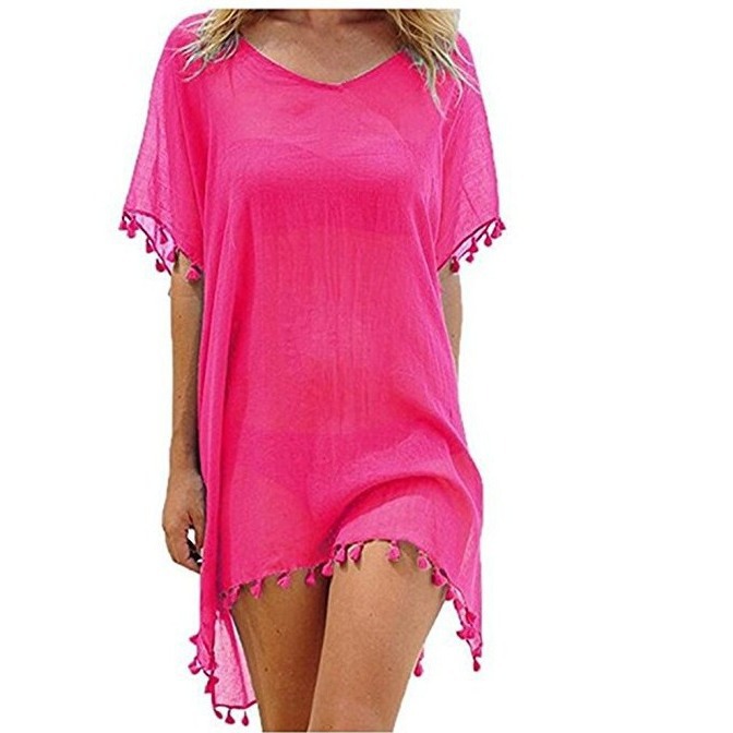 Amazon European and American Cross-border Summer Women's Foreign Trade Round Neck Chiffon Tassel Dress Large Size Loose Beach Blouse